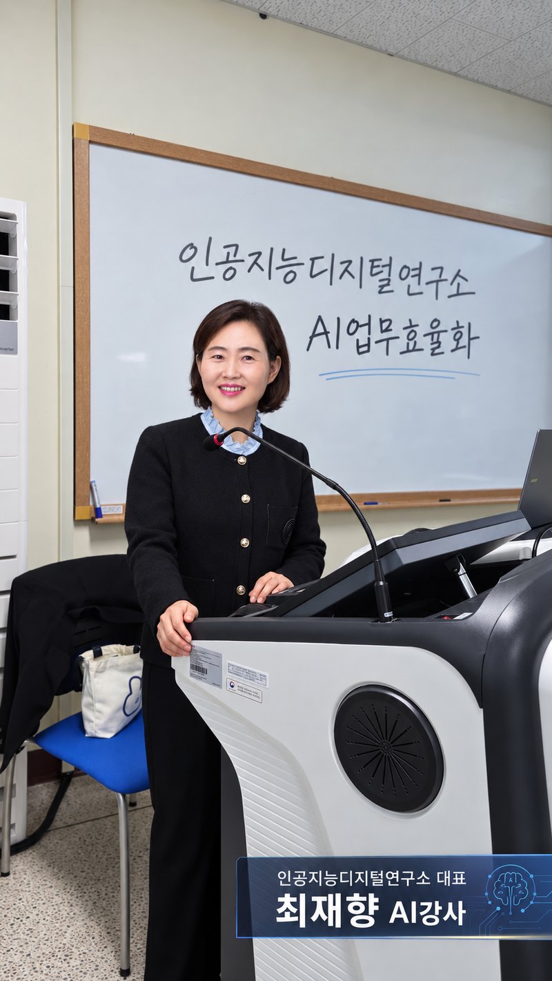 AI 업무효율화 강의 — 최재향 대표가 강단에서 강의하는 AI 생성 예시 이미지