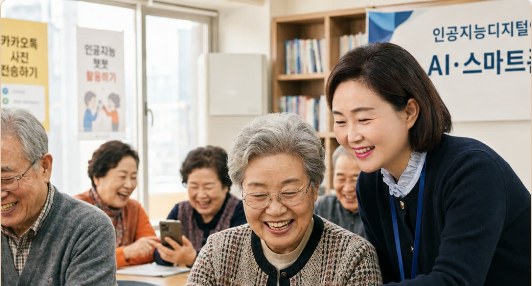 어르신과 함께 태블릿으로 AI를 배우는 교육 장면